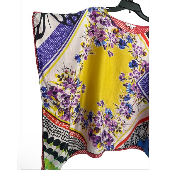 CABI Artsy Boxy Handkerchief Silk Top Blouse Women Size Large Floral Polka Dots - Picture 2 of 7